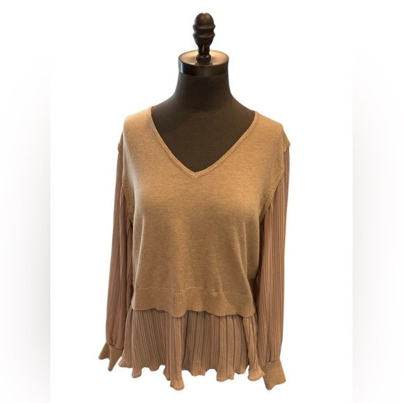 Sioni Milano Tan and Pink Ruffle Trim V Neck Blouse XL - Picture 1 of 9